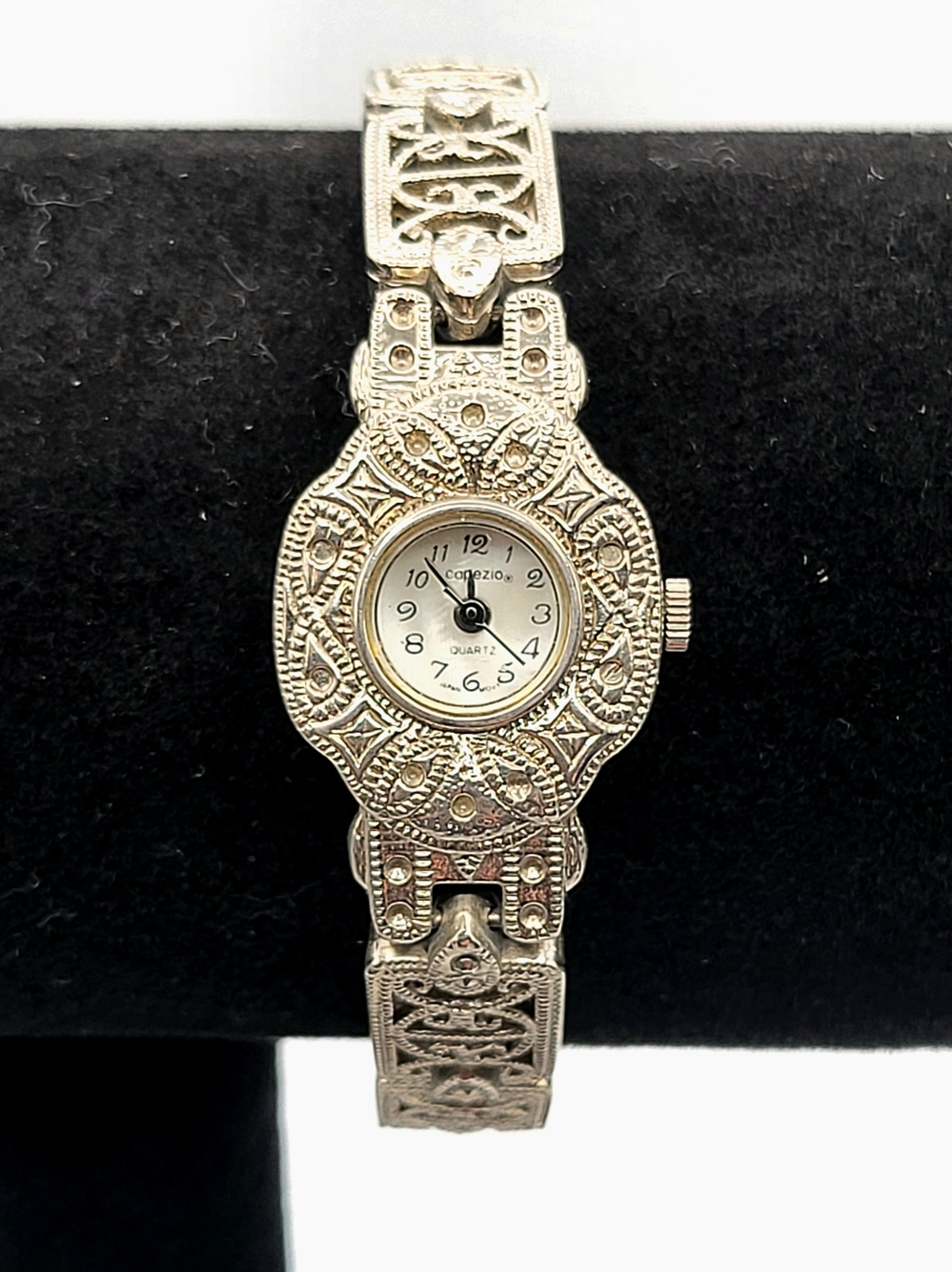 Vintage Capezio Silver-Tone Filigree Rhinestone Quartz Bracelet Watch 7.5 in